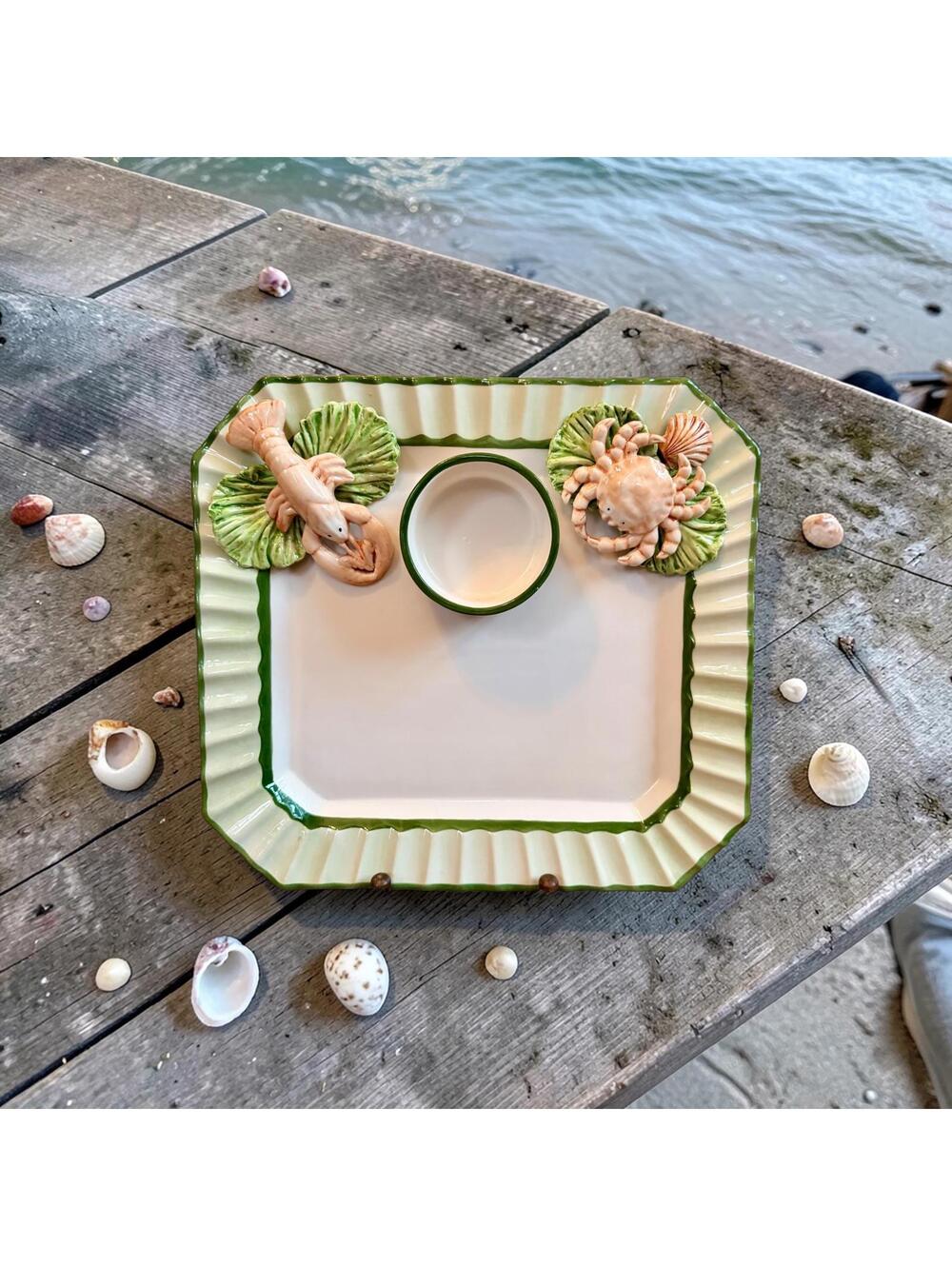 Vintage Mane Lion Italian handcrafted ceramic crab & lobster chip & dip platter.